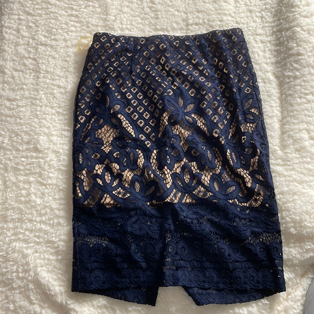 ANGL Embroidered Pencil Skirt in Navy- Size Medium